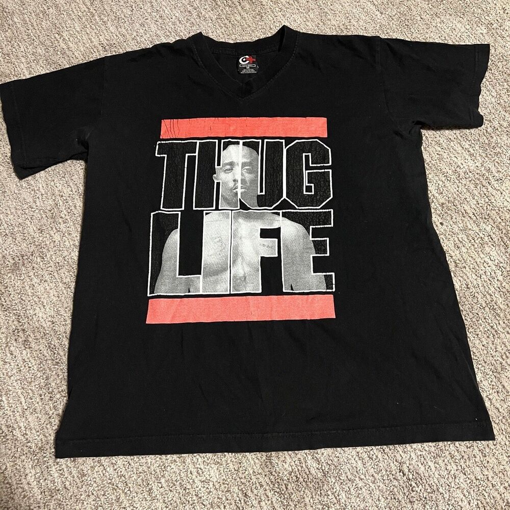 Vintage 90s Thug Life Bootleg Rap Tee M  2 Pac Tupac RARE V-neck Black